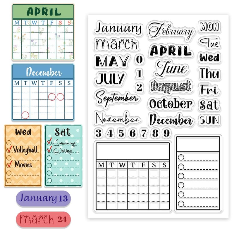 CHGCRAFT Month Week Calendar Clear Stamp Custom Silicone Clear Stamps Date Clear Stamps for DIY Scrapbooking Photo Album Decorative Cards Making, Words, 6.3X 4.33x 0.12inch - Image 1