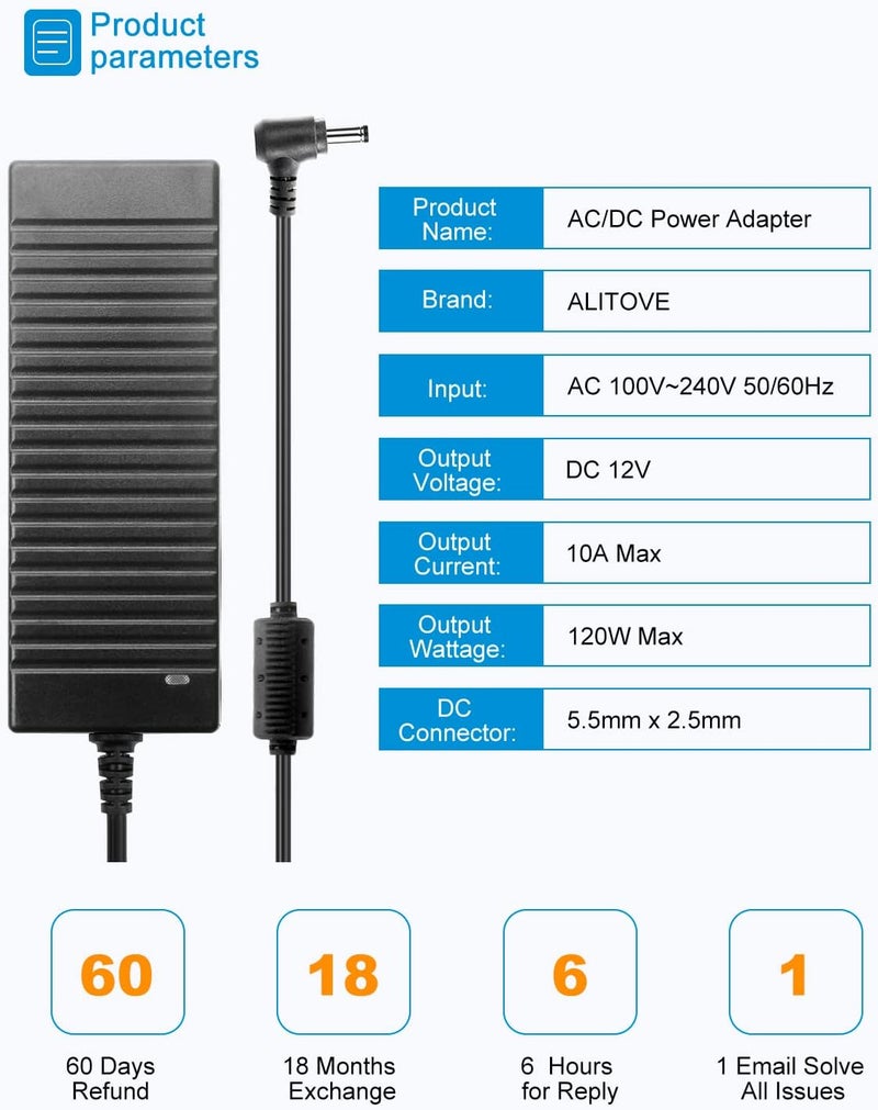 ALITOVE محول طاقة 12 فولت 10 أمبير 120 وات AC 100-240 فولت 50-60 هرتز محول تيار متردد إلى تيار مستمر 12 فولت 10 أمبير مع مقبس إخراج 5.5x2.5 مم لأشرطة LED 5050 3528 وكاميرات CCTV وطابعة ثلاثية الأبعاد - Image 3