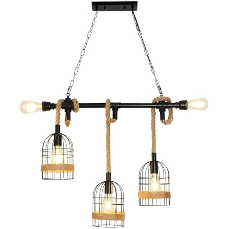 V.nice Rustic Industrial Pendant Light with Rope and Cage Shades, 3-Light Ceiling Hanging Chandelier with E27 Sockets for Kitchen Island Dining Room Living Room Café Bar Loft Décor - Image 1
