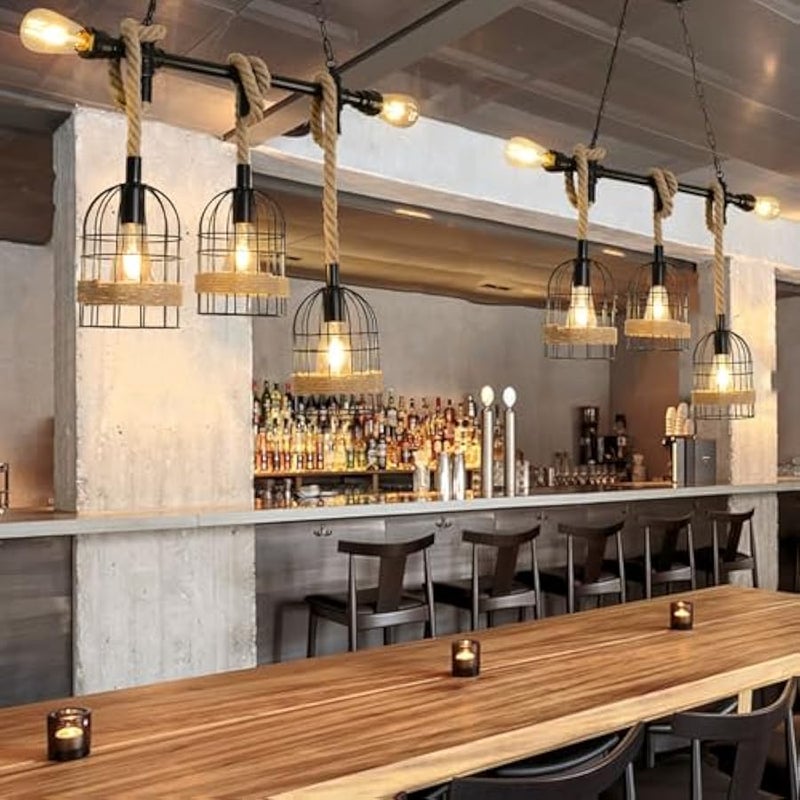 V.nice Rustic Industrial Pendant Light with Rope and Cage Shades, 3-Light Ceiling Hanging Chandelier with E27 Sockets for Kitchen Island Dining Room Living Room Café Bar Loft Décor - Image 5