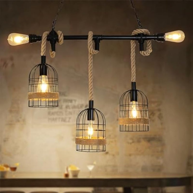 V.nice Rustic Industrial Pendant Light with Rope and Cage Shades, 3-Light Ceiling Hanging Chandelier with E27 Sockets for Kitchen Island Dining Room Living Room Café Bar Loft Décor - Image 4
