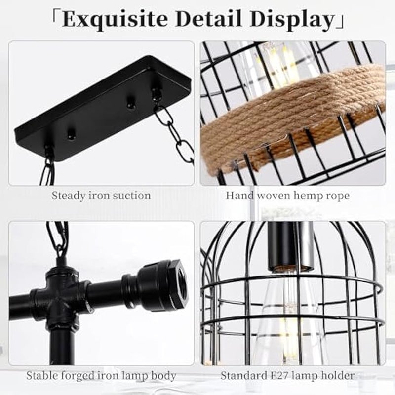 V.nice Rustic Industrial Pendant Light with Rope and Cage Shades, 3-Light Ceiling Hanging Chandelier with E27 Sockets for Kitchen Island Dining Room Living Room Café Bar Loft Décor - Image 3