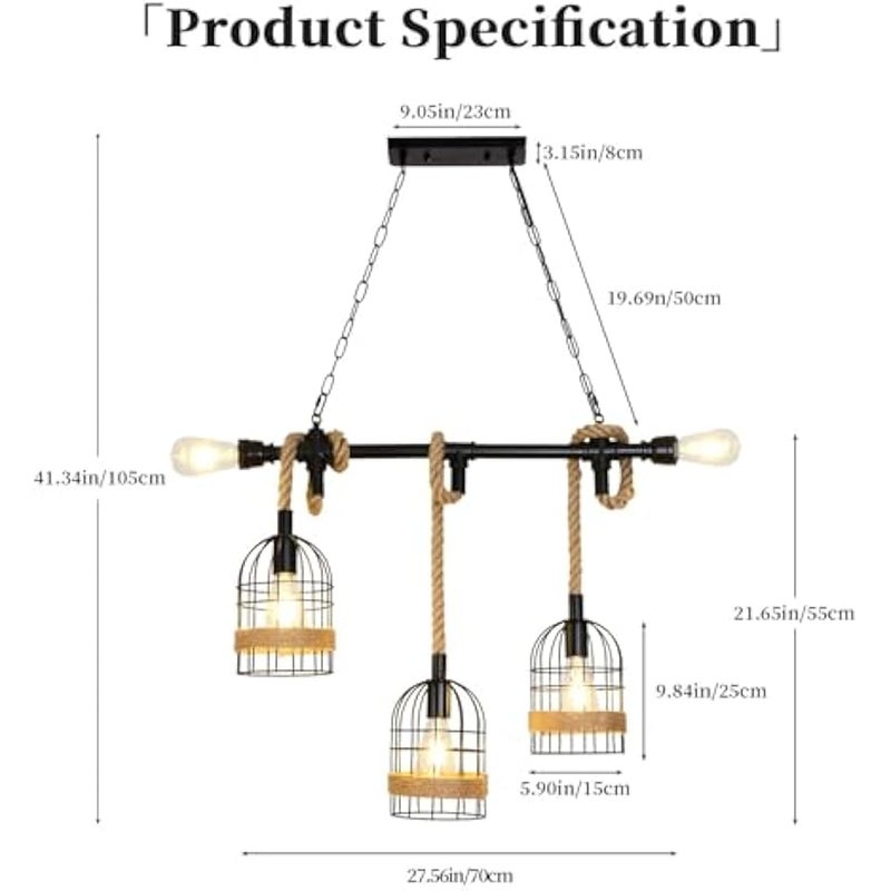 V.nice Rustic Industrial Pendant Light with Rope and Cage Shades, 3-Light Ceiling Hanging Chandelier with E27 Sockets for Kitchen Island Dining Room Living Room Café Bar Loft Décor - Image 2