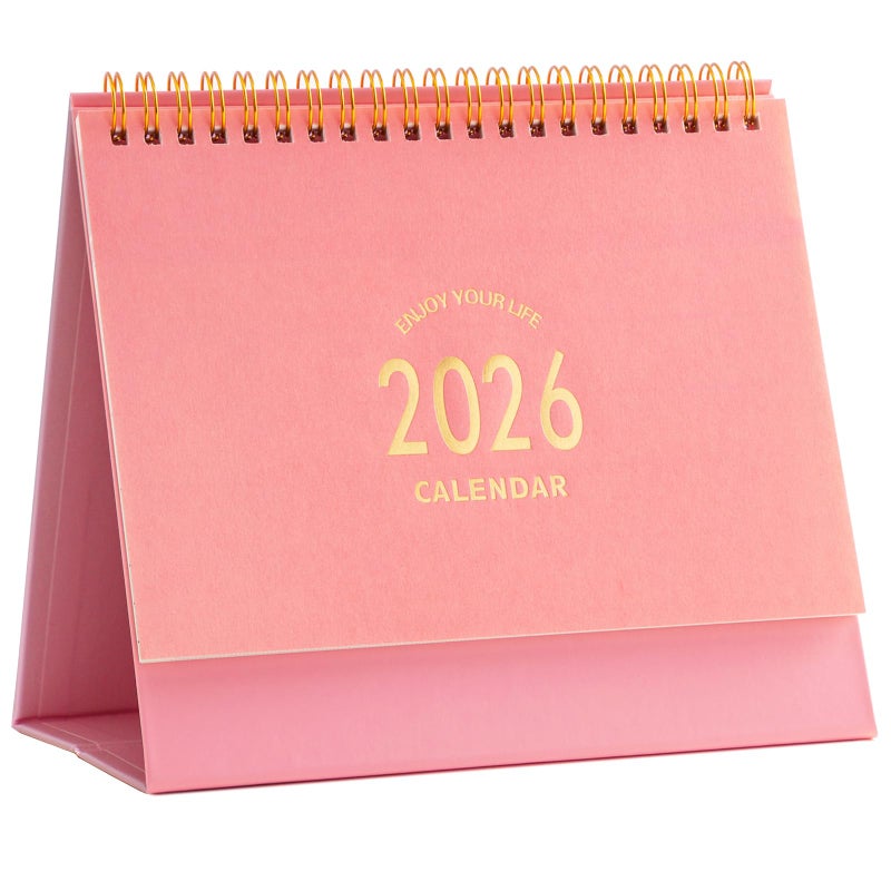 MOOJULY Small Desk Calendar 2026, Standing Flip Desk Calendar Use Now to Dec 2026, with To-do List & Notes, Metal Ring Twin-Wire Binding with Stickers, Monthly Desktop Calendar for Home Office (Pink) - Image 1