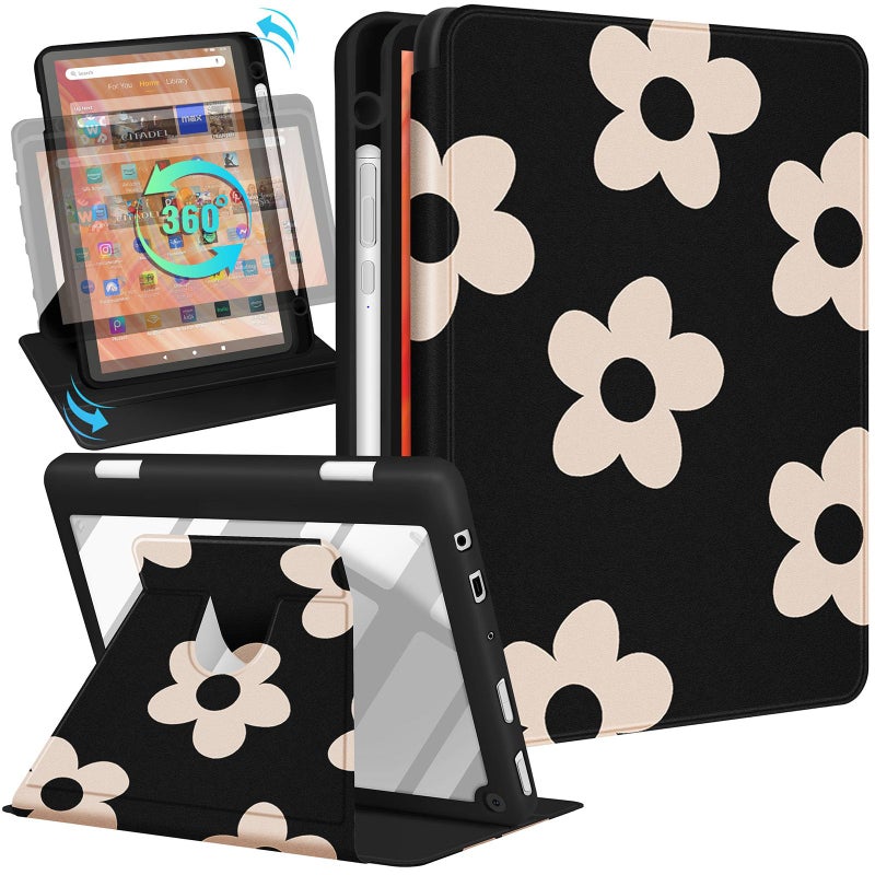 Kidcube for Kindle Fire HD 10/10 Plus Tablet Case - 13th/11th Generation (2023/2021) 10.1" Women Girls Cute Flowers Floral Design Rotating Stand Pencil Holder Folio Cases for Amazon Fire HD 10/10 Plus - Image 1