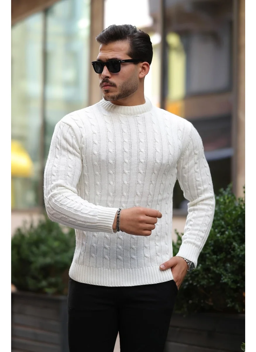 Valiberta Hair Knitted Crew Neck Men's Knitwear Sweater - Ecru