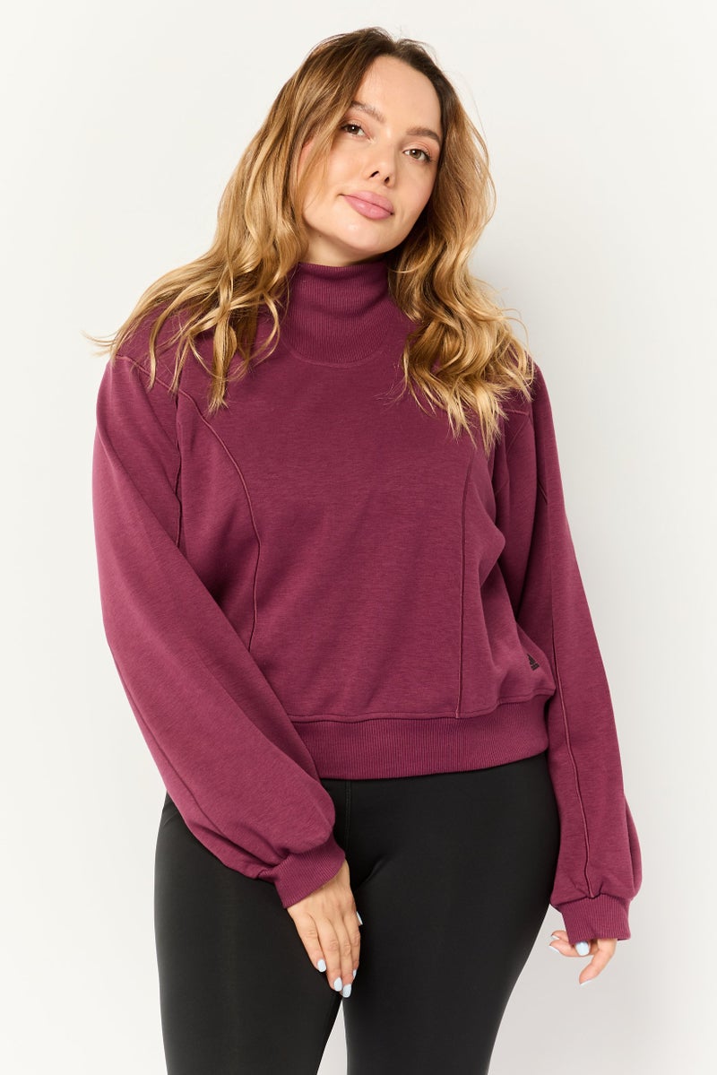 Adidas سويت شيرت يوغا رياضي نسائي بأكمام طويلة، بورغندي - Image 1