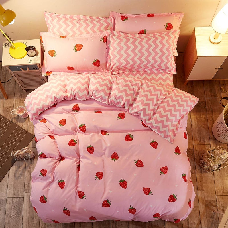 LAMEJOR LAMEJOR Duvet Cover Set Twin Size StrawberryChevron Pattern Reversible Sweet Bedding Set Comforter Cover 1 Duvet Cover2 Pillowcases Pink 