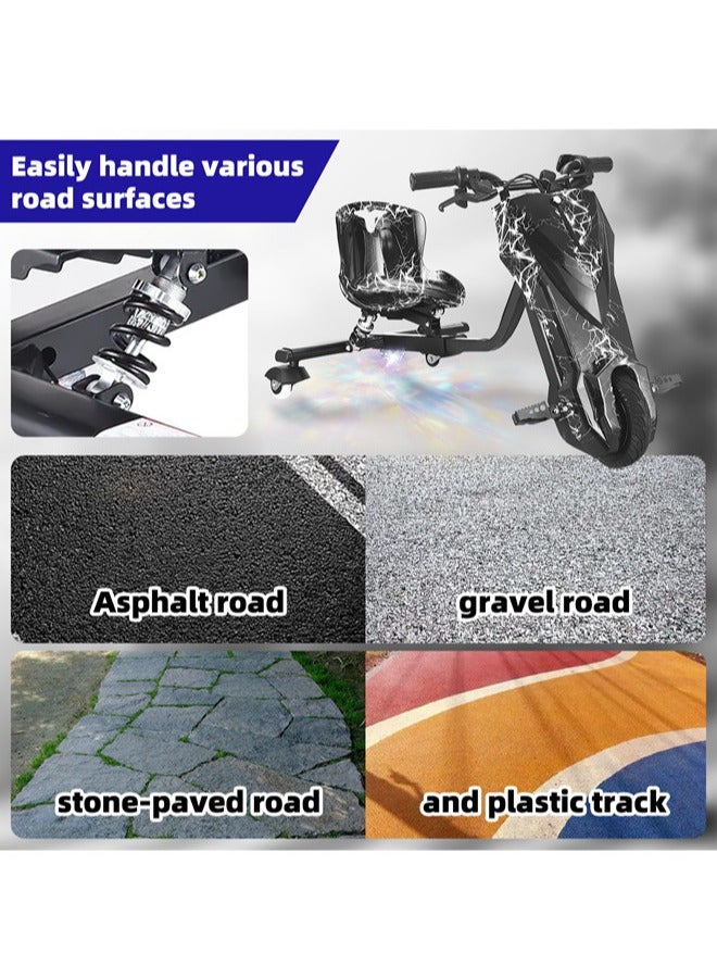 Denzoz Mini electric scooter, electric drift scooter that can carry up to 80 kg, play your own custom music via Bluetooth and adjust three speeds with LED lights and power display, equipped with three wheels - Image 4