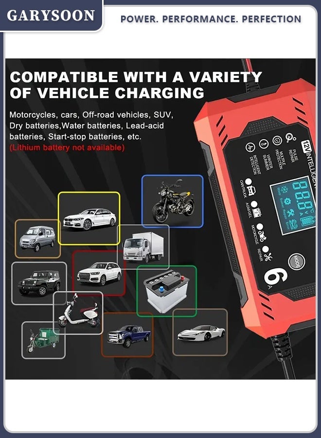 Garysoon 12V 6A Smart Battery Charger with LCD Display, 12V 6A Fast/Trickle Charger, Overcharge/Overheat/Short Circuit/Reverse Polarity, Automatic Switch Mode, Microprocessor Controlled, Compatible with AGM/GEL/SLA/Wet/EFB, 4-100Ah Capacity, UK Plug (110-240V) for Car, Truck, Motorcycle, Lawn Mower, Marine, RV, Boat, Solar Systems - Heavy-Duty Battery Charger, Car Charger, Smart Charger - Image 3