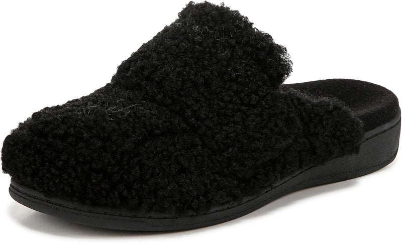 Vionic Women's Gemma II Mules - Black Fabric, Soft Faux Shearling, Adjustable Hook-and-Loop Closure - Image 1