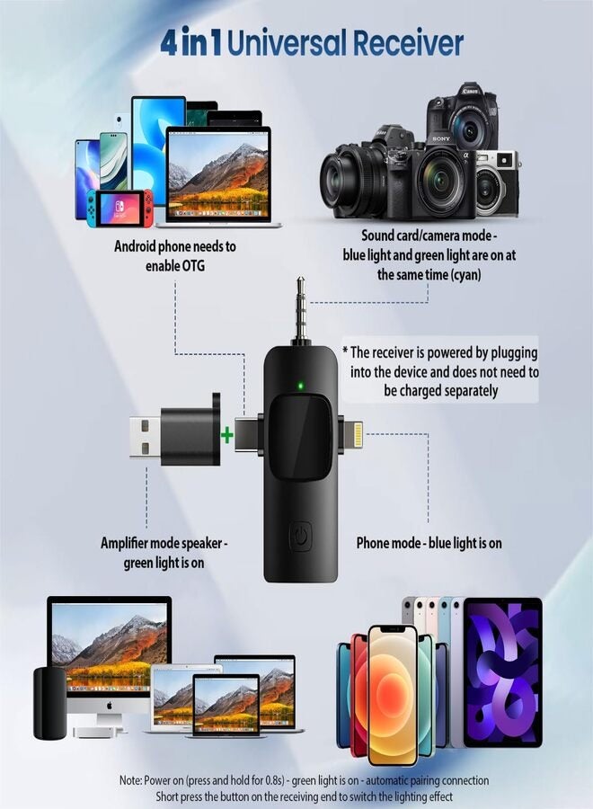 نواكيي ميكروفون لافالير لاسلكي، 4 في 1 ميكروفون لاسلكي، 4 في 1 ميكروفون لآيفون كمبيوتر محمول كاميرا كمبيوتر محمول USB-C، 2.4G تأخير منخفض للغاية، تقليل الضوضاء، مثالي لـ Youtube TikTok تدوين الفيديو البودكاست منشئ المحتوى - Image 2