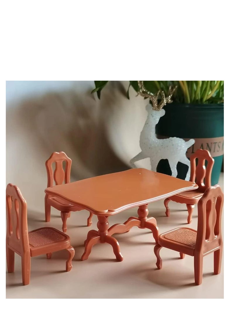 Dollhouse Furniture Dining Room, 5 Pieces Doll Kitchen Mini Furniture 1 x Dining Table 4 x Dining Chairs Miniature Kitchen Furniture Accessories Dollhouse Dining Table Chair 1:12 Miniature-Sweet Family 01B - Image 2