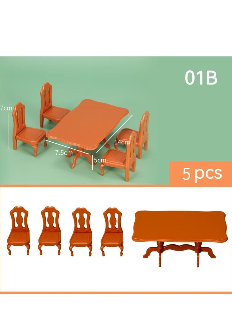 Dollhouse Furniture Dining Room, 5 Pieces Doll Kitchen Mini Furniture 1 x Dining Table 4 x Dining Chairs Miniature Kitchen Furniture Accessories Dollhouse Dining Table Chair 1:12 Miniature-Sweet Family 01B - Image 1