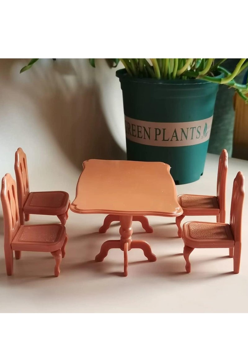 Dollhouse Furniture Dining Room, 5 Pieces Doll Kitchen Mini Furniture 1 x Dining Table 4 x Dining Chairs Miniature Kitchen Furniture Accessories Dollhouse Dining Table Chair 1:12 Miniature-Sweet Family 01B - Image 3