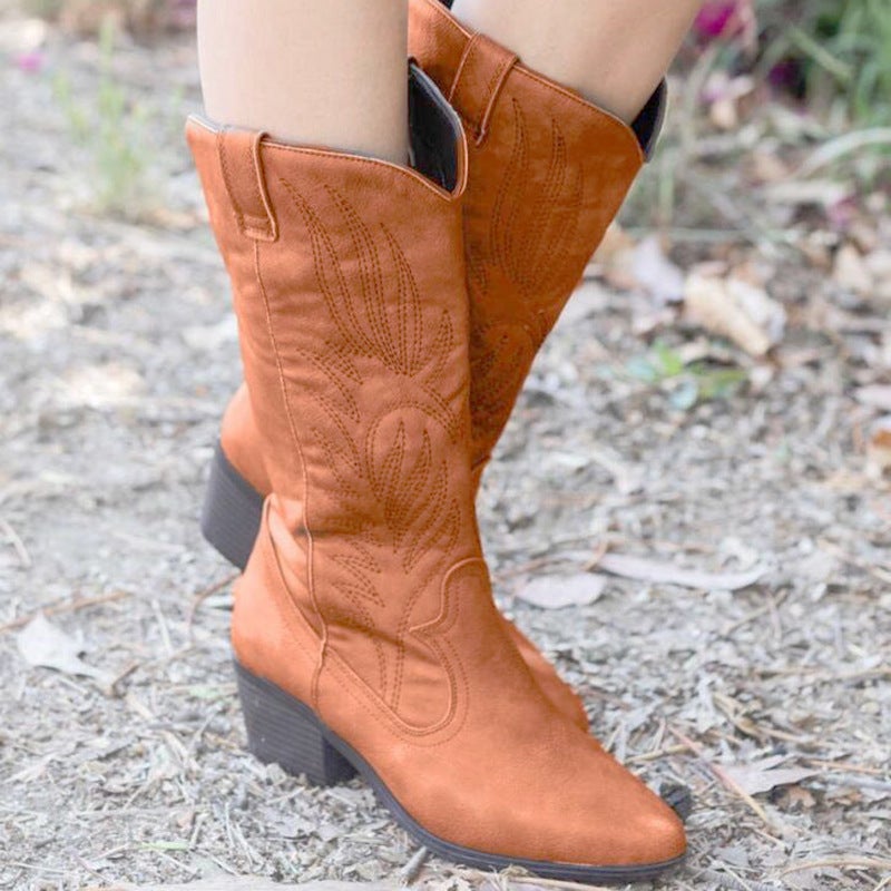 Autumn and Winter New Independent Station Foreign Trade Large Size Women's Boots Western Cowboy Boots Mid-heel Ethnic Style Square Toe PU Leather Boots for Women - Image 5