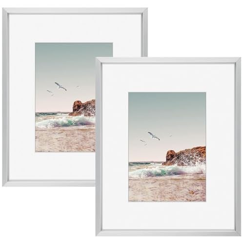 Frametory 8x10 Metal Picture Frame with Mat for 5x7 Picture  Real Glass Aluminum Photo Frame Collection Silver 2 Pack