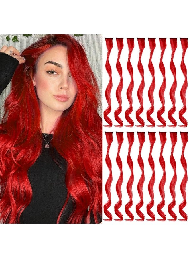 TOFAFA Ofafa 16 Pcs Colored Hair Extensions Curly Wavy Clip In Synthetic Hairpiece Streak For Girls Women Kid Multicolors Party Highlights (Red) - Image 2