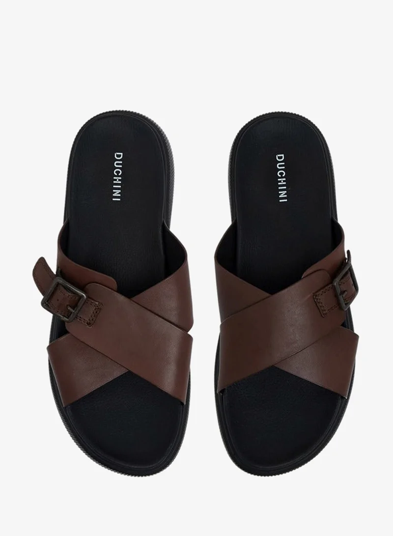DUCHINI Men Leather Cross Strap Sandals