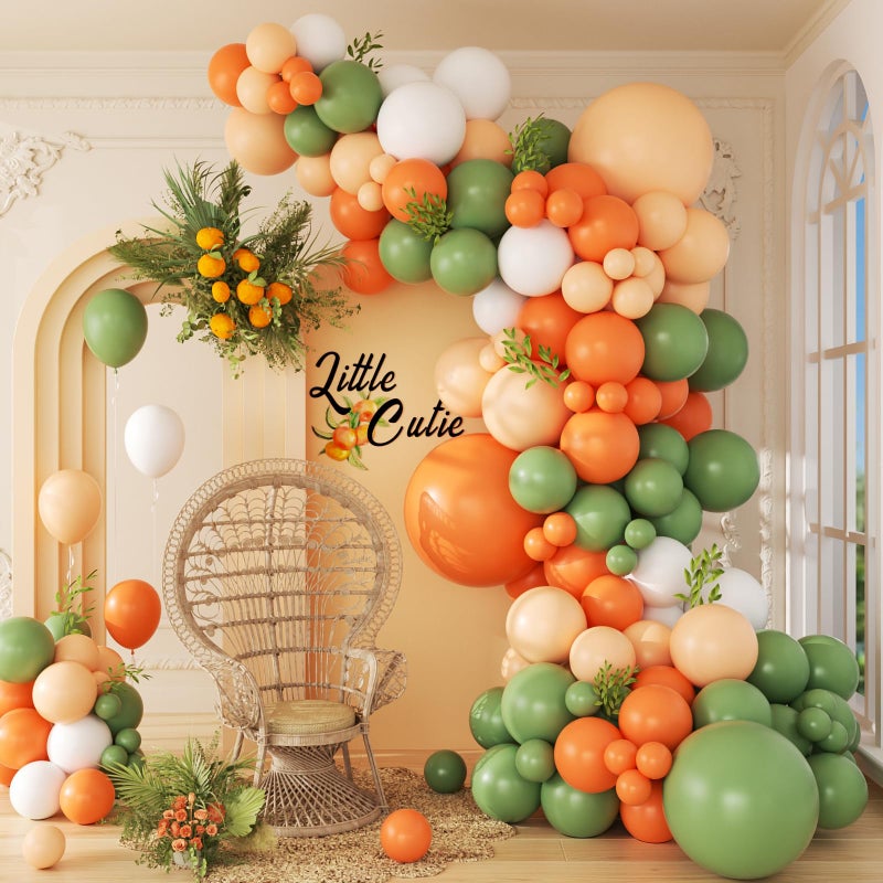 awenztech 141pcs Little Cutie Orange and White Balloon Arch Garland Kit with Sage Green Orange Nude Sand White Balloons for Birthday Party Little Cutie Baby Shower Decorations - Image 3