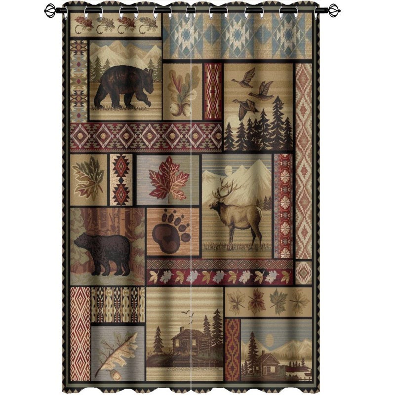 Kazynee Vintage Deer Bear Farmhouse Blackout Curtains - Retro Cabin Lake Country Lodge Moose Grommet Window Treatment Set Energy Saving Thermal Insulated Drapes for Living Room Nursery,2 Panels 63L x 21W - Image 1