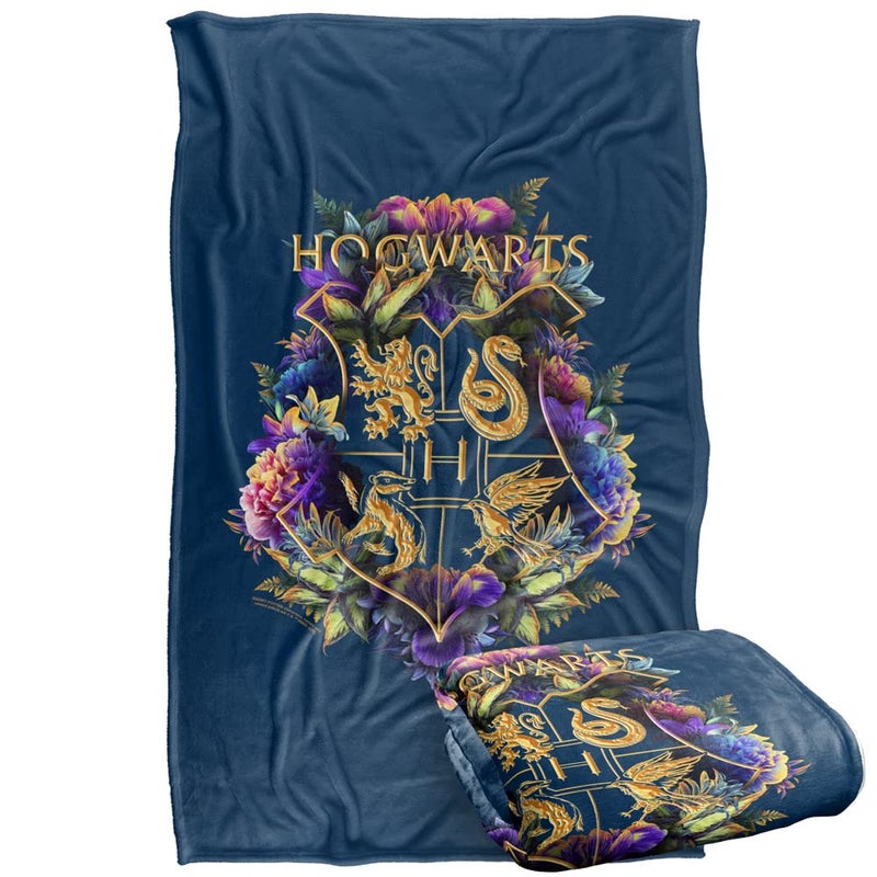 LOGOVISION Harry Potter Hogwarts Multi-Colored Floral Crest Silky Touch Super Soft Throw Blanket 36" x 58",Hogwarts Multi-Colored Floral Crest, Blue - Image 1