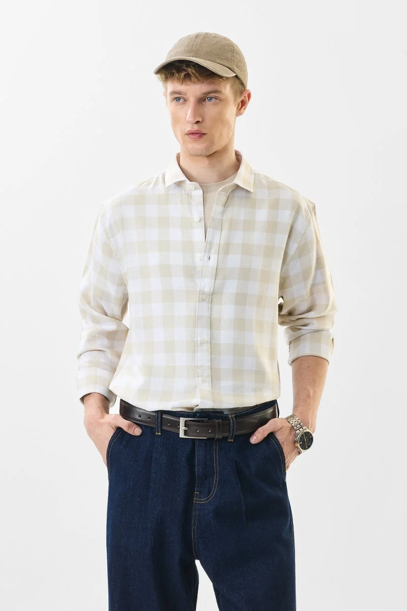 SNITCH Regular Fit Linen Blend Checks Beige Shirt