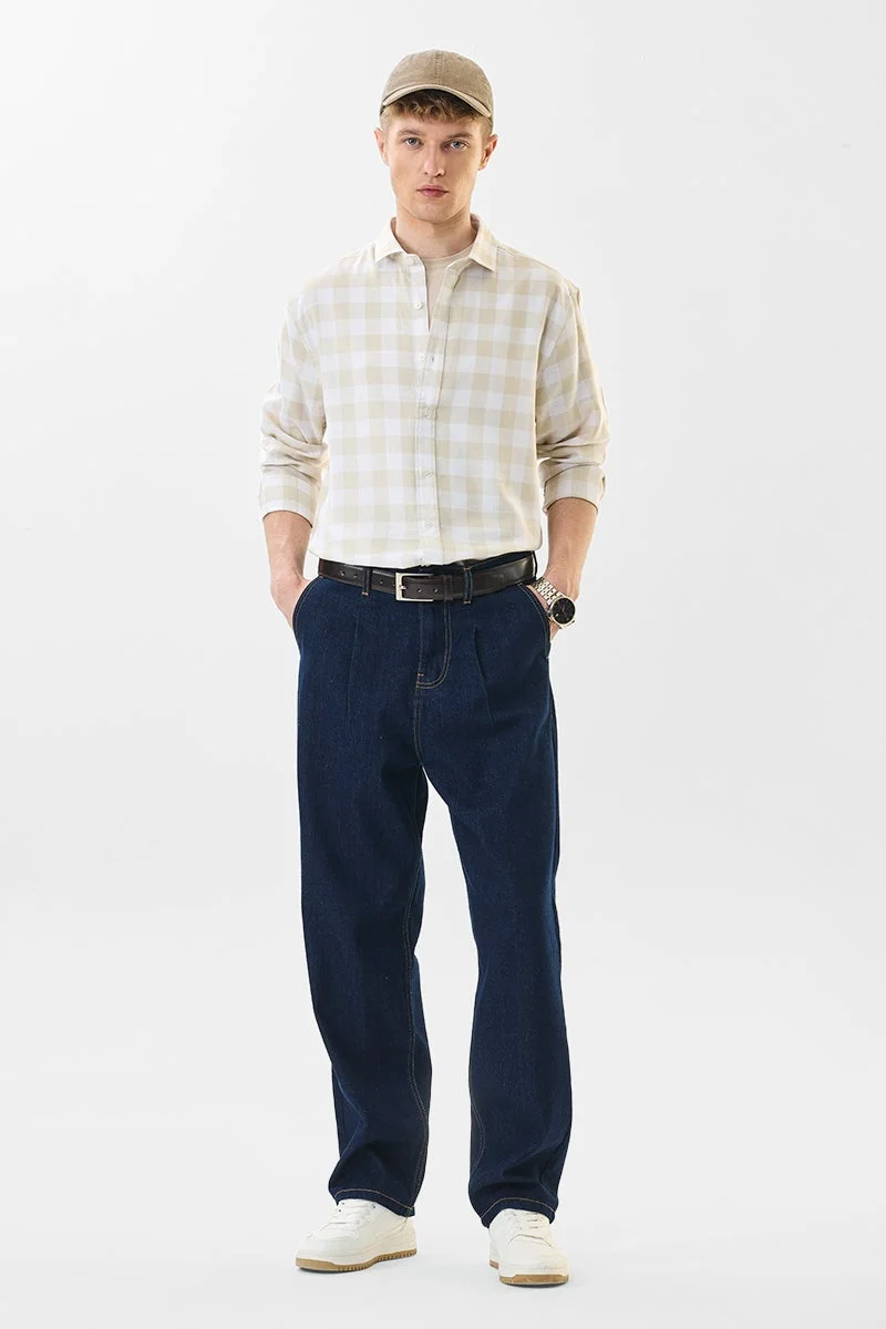 SNITCH Regular Fit Linen Blend Checks Beige Shirt