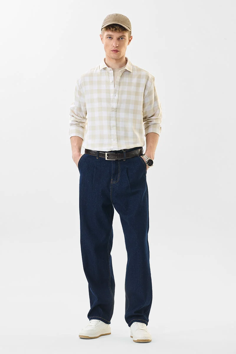 SNITCH Regular Fit Linen Blend Checks Beige Shirt