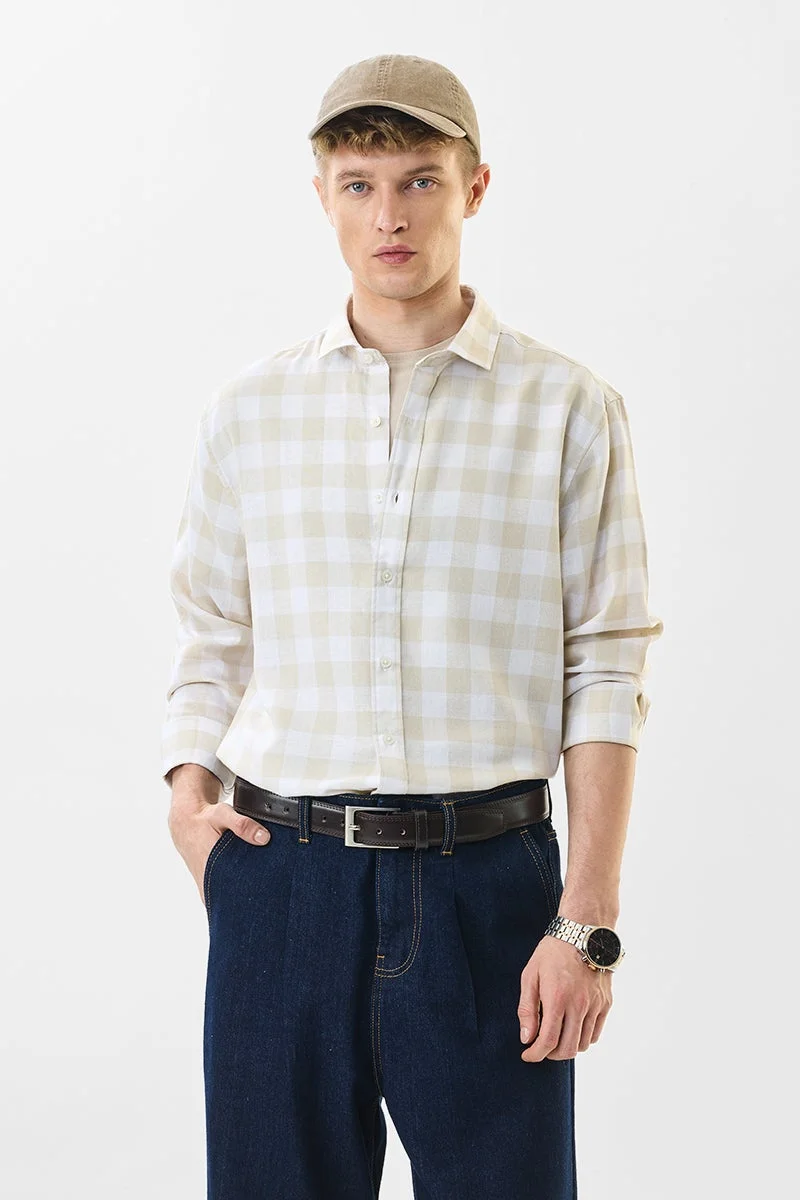 سنيتش قميص كاروهات بيج بقصة عادية من مزيج الكتان