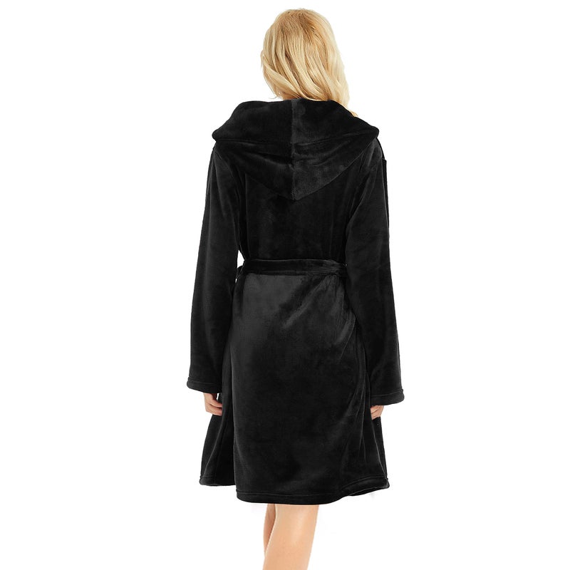 U2SKIIN Women Hooded Plush Robe, Short Womens Fleece Robes With Hood Soft Warm Spa Bathrobe Fluffy House Loungewear(Black, L/XL) - Image 2
