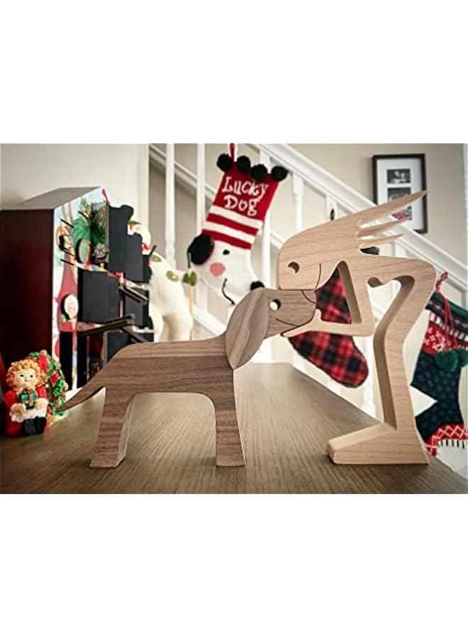 Wooden Sculptures Handmade Accents Craft Figurine for Home Decor Accents, Woman and Dog Wooden Statue, Animal Sculptures Collection, Gift for Men Women Natural ECO Friendly Large Size 10x6x0.8 inches - Image 2