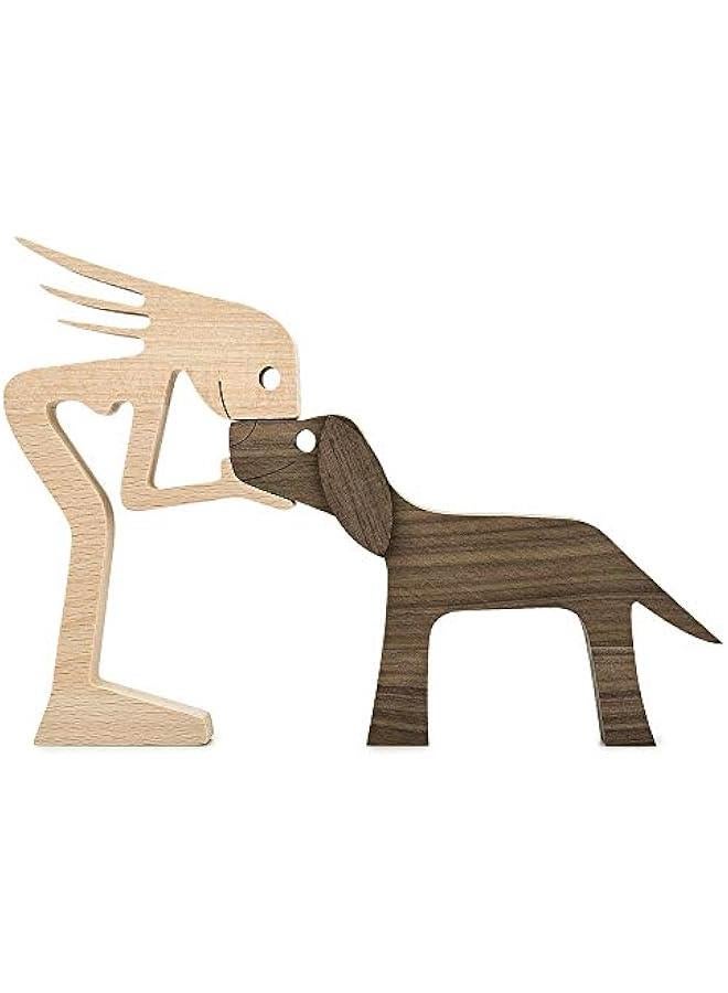 Wooden Sculptures Handmade Accents Craft Figurine for Home Decor Accents, Woman and Dog Wooden Statue, Animal Sculptures Collection, Gift for Men Women Natural ECO Friendly Large Size 10x6x0.8 inches - Image 1