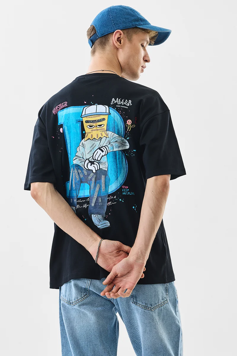 SNITCH Black Graphic Half Sleeve Oversized Streetwear T-Shirt