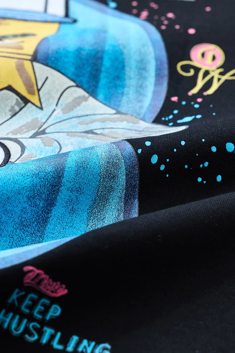 SNITCH Black Graphic Half Sleeve Oversized Streetwear T-Shirt