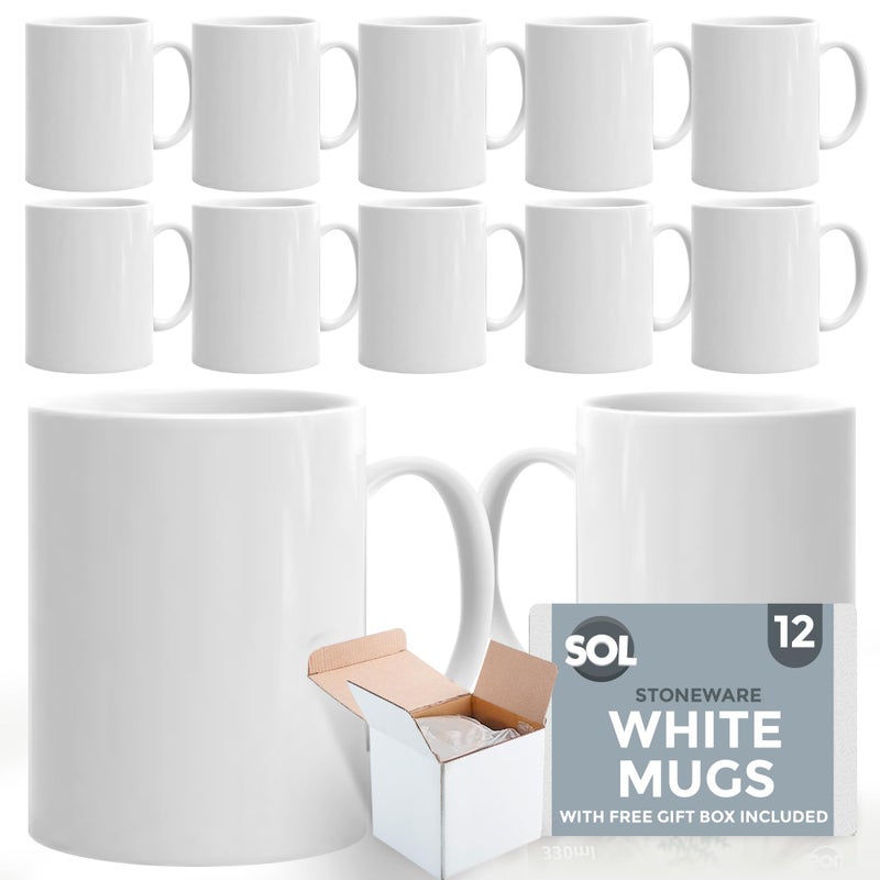 SOL 12pk White Mugs  11oz 100 Lead  Cadmium Free Stoneware Coffee  Tea Mugs  Perfect for Kitchens Restaurants  Cafes Great Gift Idea