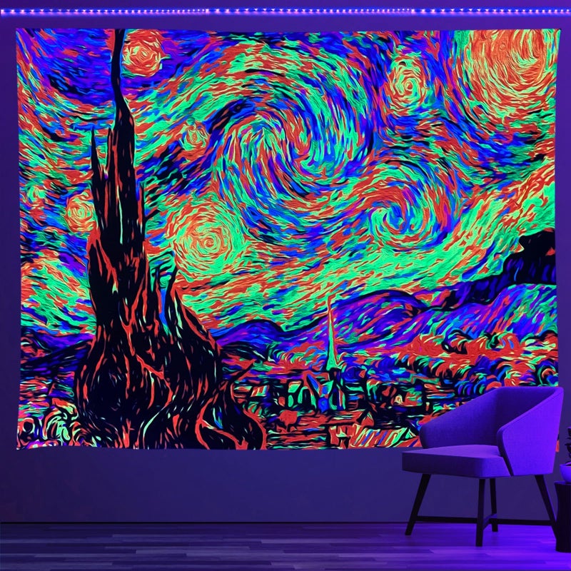 Psyhilar Van Gogh UV Tapestry Blacklight for Bedroom Starry Night Backdrop Black Light Posters for Adults and Teens 79 x 59 Inches