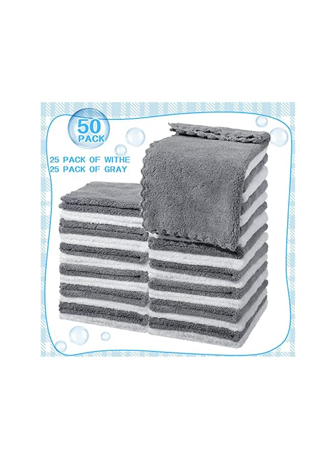 The Bros 50 قطعة من مناشف اليد 12 × 12 بوصة تجفيف سريع ميكروفايبر قماش كورال فليس عالي الامتصاص مناشف قماشية ناعمة مناشف وجه امتصاص عالية قماش كورال فليس للفنادق الحمام سبا للأطفال رمادي أبيض - Image 2