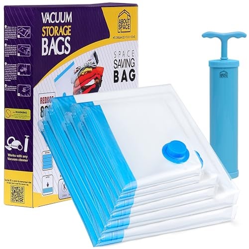 ABOUT SPACE Polyamide Polyethylene Vacuum Compression Bags (6 Pack) with Hand Pump | 2Jumbo/2L/2M Zip Seal Compression Storage Bags | Heavy-Duty Airtight Reusable Space Saver Luggage Organizer (Blue) - Image 1