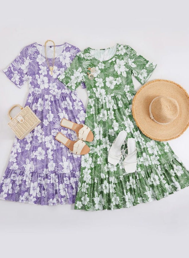 Styleword Women 2023 Summer Dress Floral Short Sleeve Ladies Casual Swing Midi Dress with Pockets, Floral-o, XXL - Image 5