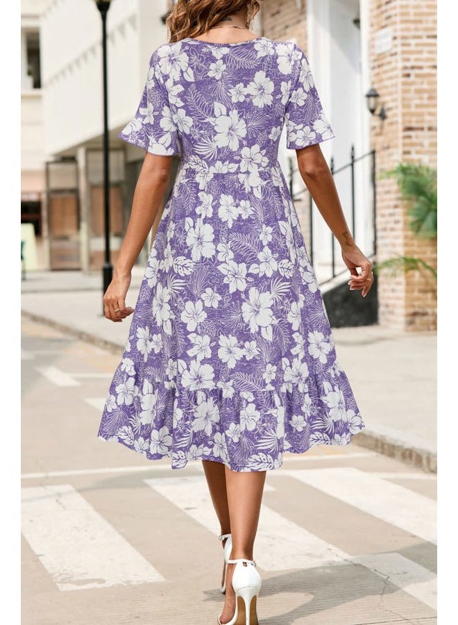 Styleword Women 2023 Summer Dress Floral Short Sleeve Ladies Casual Swing Midi Dress with Pockets, Floral-o, XXL - Image 3