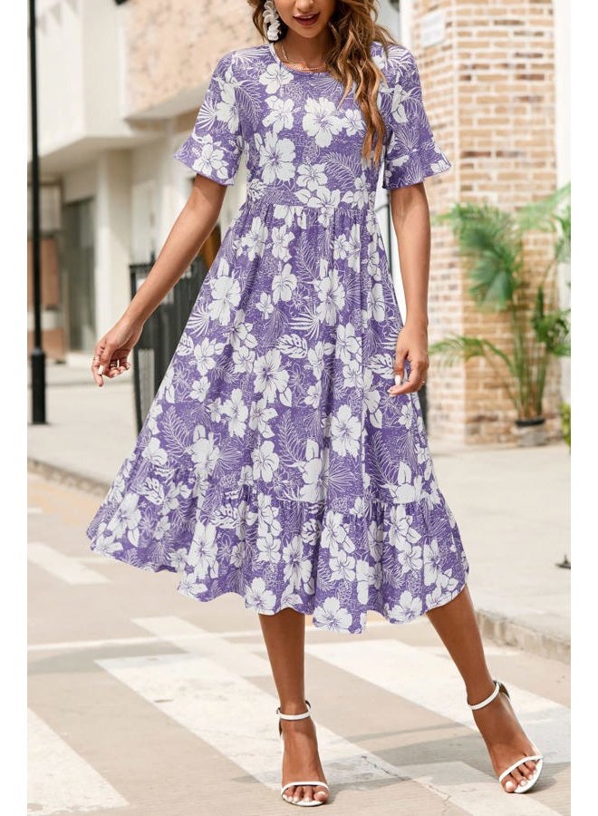 Styleword Women 2023 Summer Dress Floral Short Sleeve Ladies Casual Swing Midi Dress with Pockets, Floral-o, XXL - Image 2