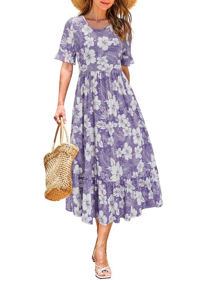 Styleword Women 2023 Summer Dress Floral Short Sleeve Ladies Casual Swing Midi Dress with Pockets, Floral-o, XXL - Image 1