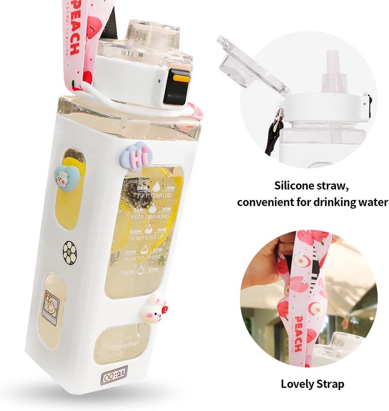 fufeisi Kawaii Water Bottle for Girls,Cute Kids Water Bottles with Straw,700ml Portable LeakProof Water Bottles With Adjustable Shoulder Strap for School (White) - Image 3