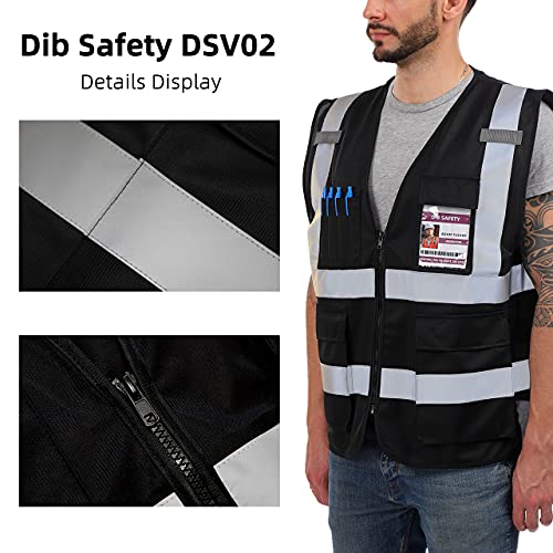 Dib Safety Reflective Vest High Visibility with Pockets and Zipper, Black S - Image 5