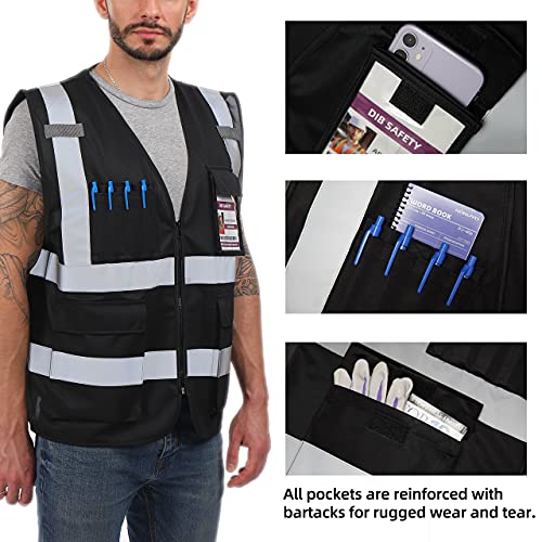 Dib Safety Reflective Vest High Visibility with Pockets and Zipper, Black S - Image 4