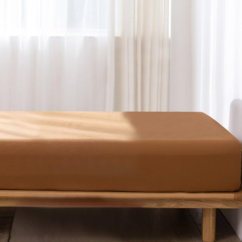 MooMee Fitted Bottom Sheet Only 100% Washed Cotton Linen Like Textured Breathable Durable Soft Comfy Deep Pocket Fits Mattress up to 17" (Dark Orange, Queen) - Image 2
