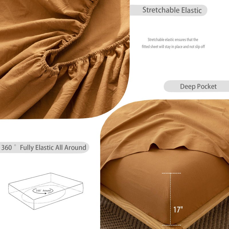MooMee Fitted Bottom Sheet Only 100% Washed Cotton Linen Like Textured Breathable Durable Soft Comfy Deep Pocket Fits Mattress up to 17" (Dark Orange, Queen) - Image 5