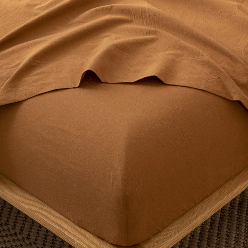 MooMee Fitted Bottom Sheet Only 100% Washed Cotton Linen Like Textured Breathable Durable Soft Comfy Deep Pocket Fits Mattress up to 17" (Dark Orange, Queen) - Image 1