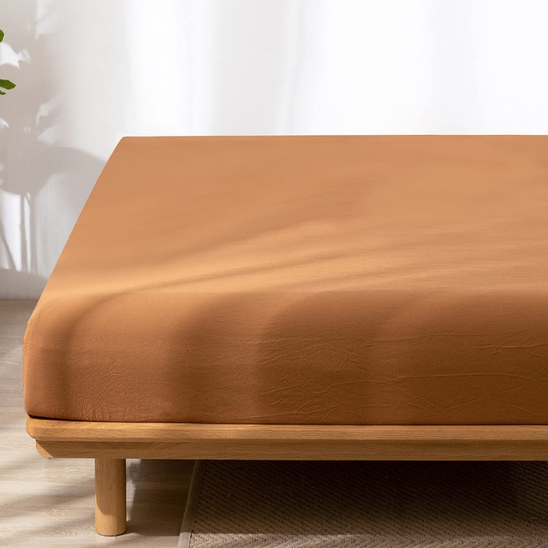 MooMee Fitted Bottom Sheet Only 100% Washed Cotton Linen Like Textured Breathable Durable Soft Comfy Deep Pocket Fits Mattress up to 17" (Dark Orange, Queen) - Image 4